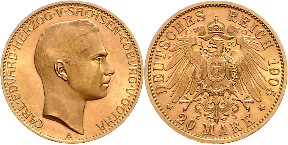 Саксен-Кобург-Гота 20 марок 1905 Карл Эдуард (герцог Саксен-Кобург-Готский) J. 274, KM 155 золото UNC 10-010-77