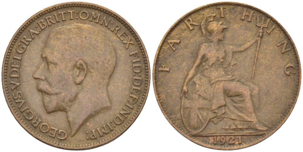 Великобритания 1 фартинг 1921 Георг V (1910-1936) KM 808.2, Spink 4060 бронза 4543-1022