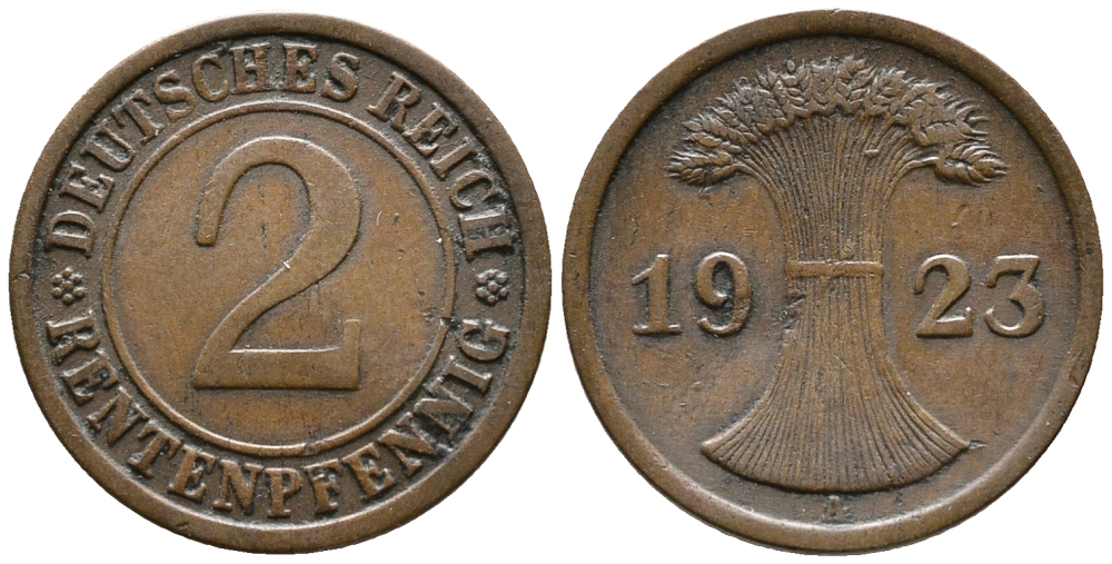 ГЕРМАНИЯ 2 РЕНТЕНПФЕННИГА 1923 A KM 31, J. 307 бронза 24-347