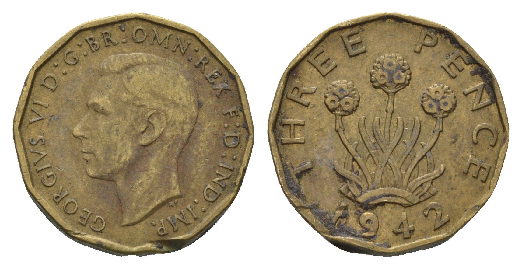 Великобритания 3 пенса 1942 Георг VI (1936-1952) KM 849, Spink 4112 никель латунь 77-136