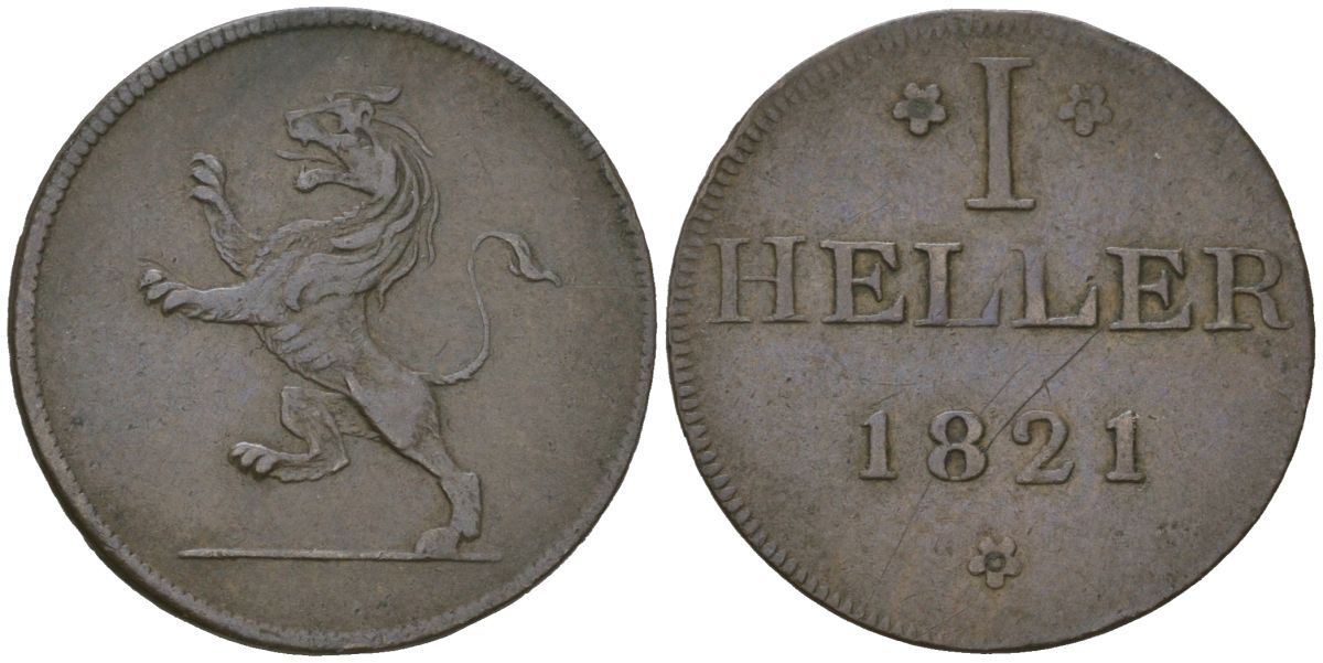 Франкфурт 1 геллер (юденпфенниг) 1821 KM Tn12, JuF 2003 медь 4547-368