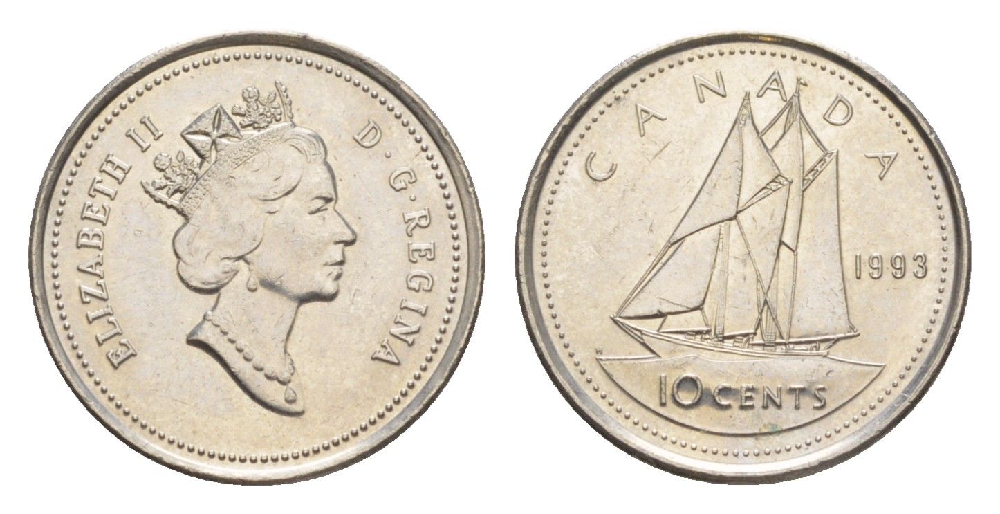 Канада 10 центов 1993 Елизавета II (1952-2022), парусник KM 183 никель UNC 4639-656