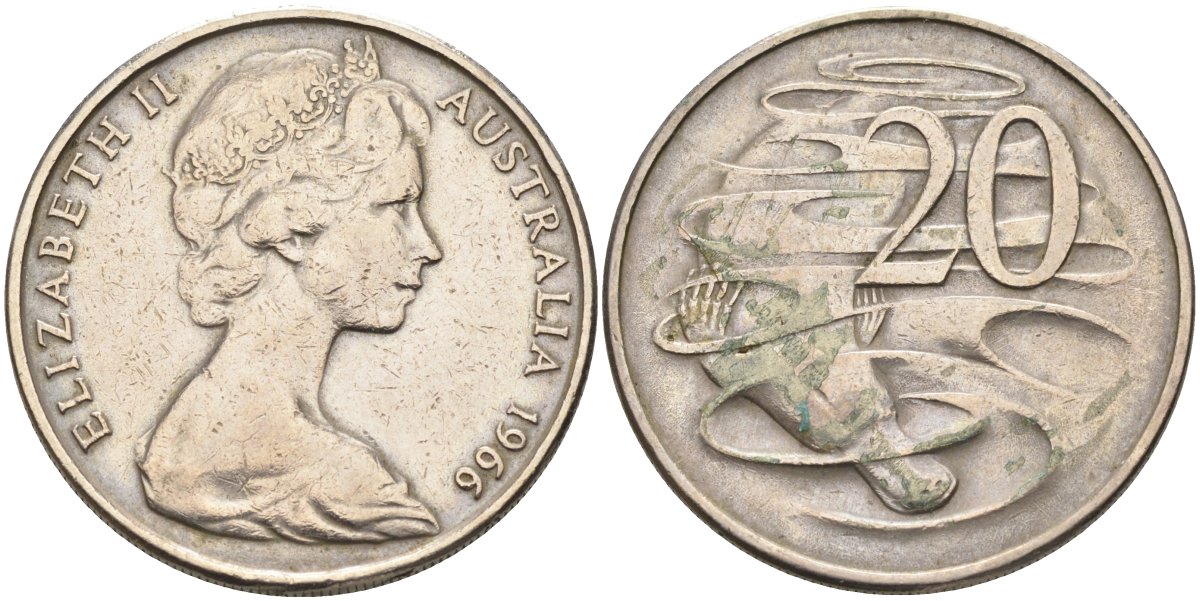 Австралия 20 центов 1966 Елизавета II (1952-2022), утконос KM 66 медно-никель 4131-841