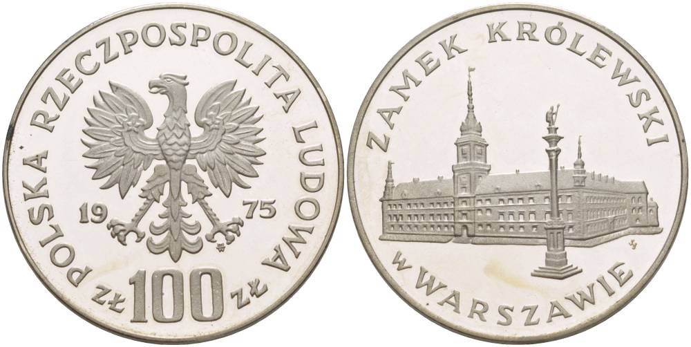 Польша 100 злотых 1975 MW, королевский замок в Варшаве, в оригинальной пластиковой упаковке KM 76, Parchimowicz 271 серебро PROOF 5-3-1-33