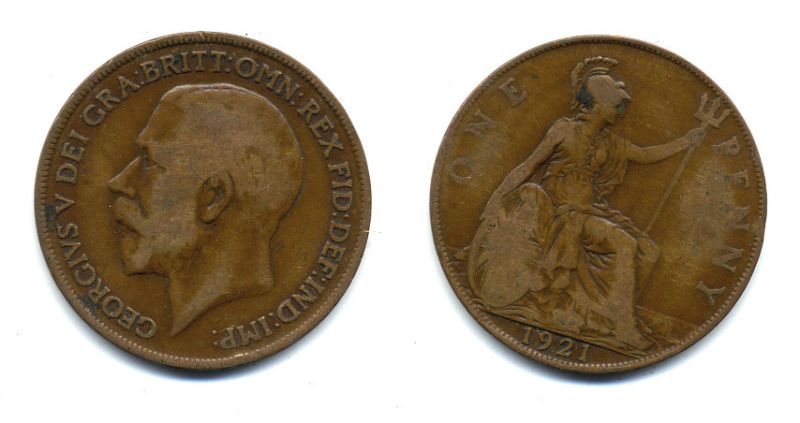 Великобритания 1 пенни 1921 Георг V (1910-1936) KM 810, Spink 4051 бронза 47-635