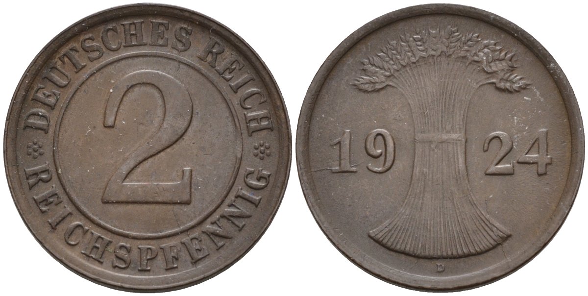 Германия 2 рейхспфеннига 1924 D KM 38, J.314, Weege 4 медь 4584-633