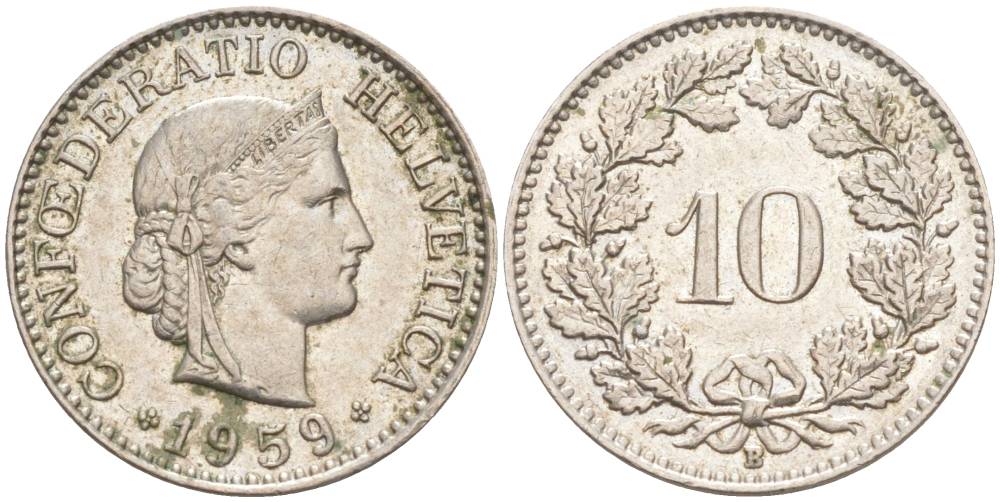 ШВЕЙЦАРИЯ 10 РАППЕНОВ 1959 В KM 27 медно-никель 55-313