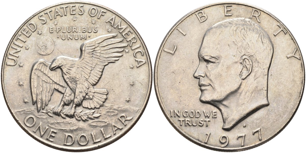 США 1 доллар 1977 D, Президент Эйзенхауэр, лунный орел KM А203 медь плакированная медно-никелем 4578-135