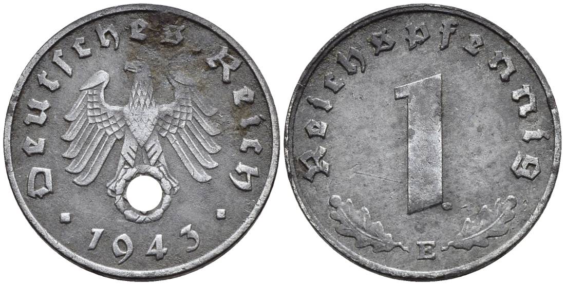 ГЕРМАНИЯ 1 РЕЙХСПФЕННИГ 1943 E KM 97, J. 369 цинк 4547-243