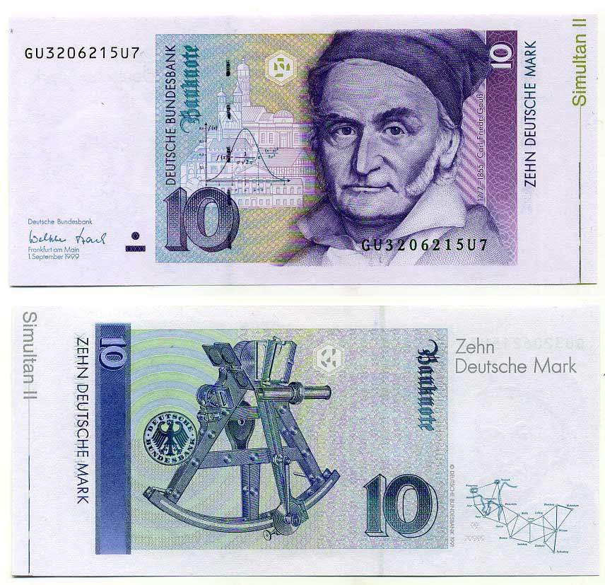 ФРГ 10 марок 1999 брак, 1 сентября 1999, Гаусс Pick 38 d, Розенберг 312 а бумага UNC (пресс) 450-36-3-2