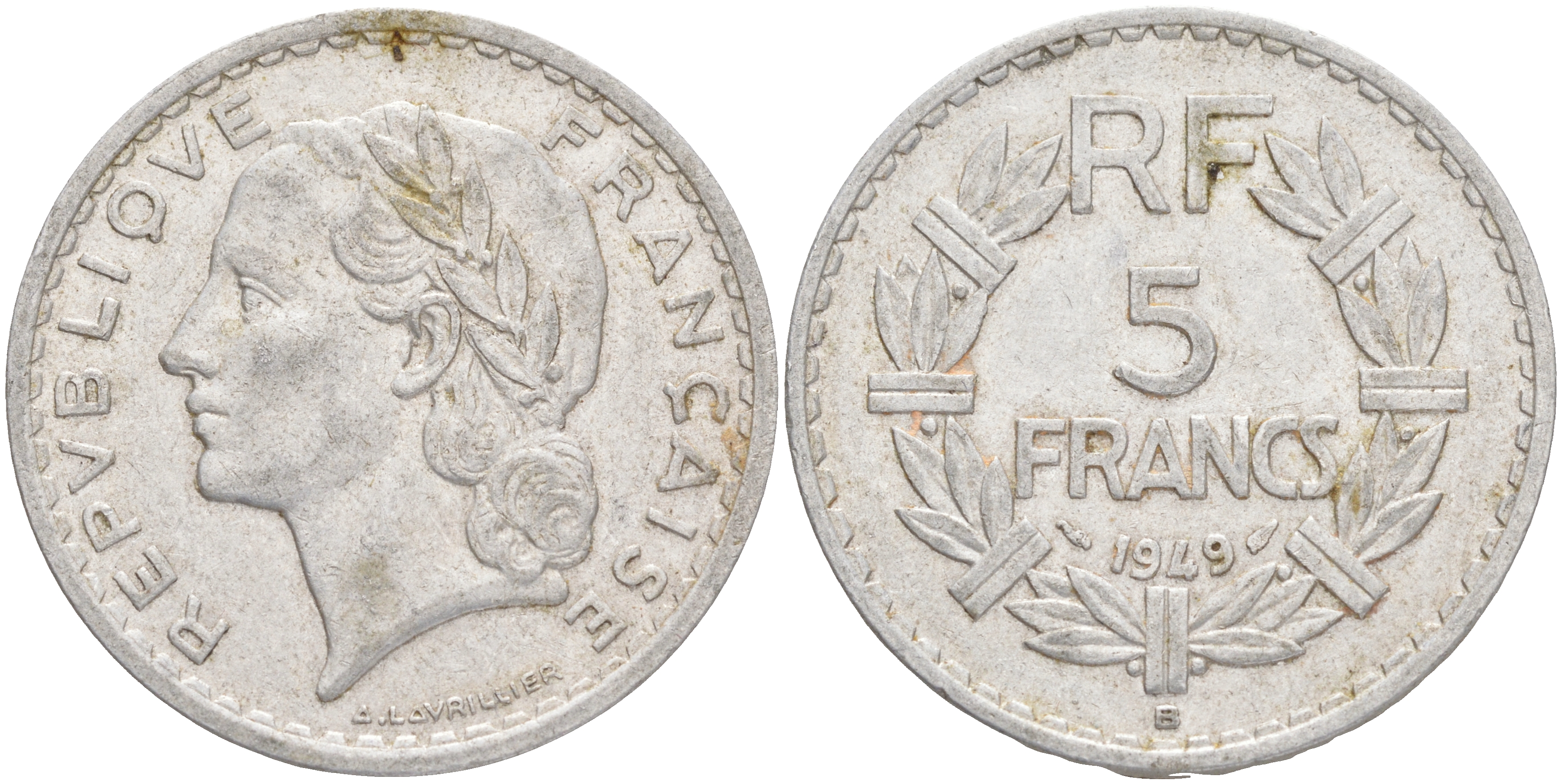 Франция 5 франков 1949 В, тип Лаврийе KM 888b.2, LE FRANC 339.19 алюминий 189-245