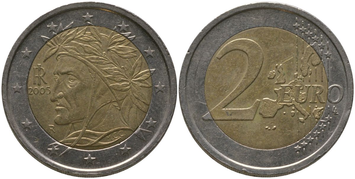 Италия 2 евро 2005 R, Данте KM 217 биметалл 4573-1257