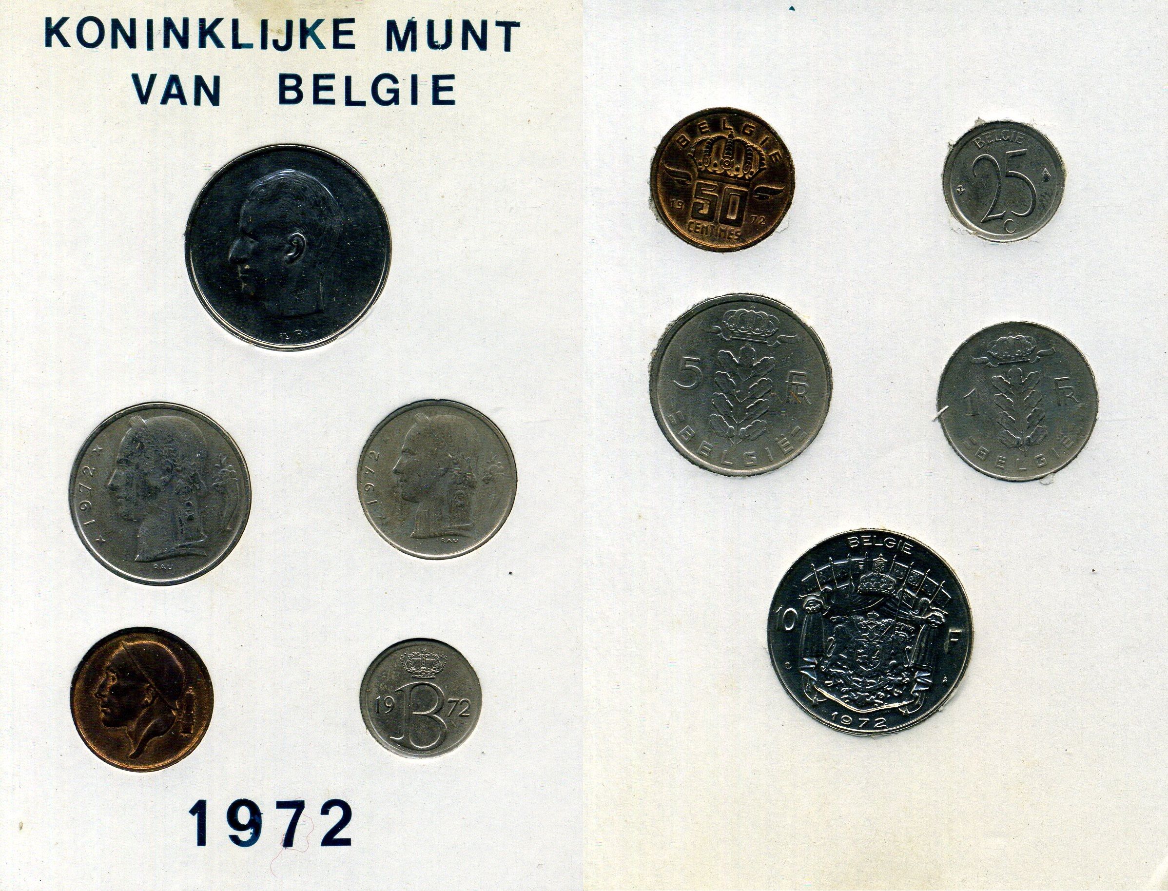Бельгия набор из 5 монет (25 и 50 сантимов; 1, 5 и 10 франков) 1972 Belgie, в оригинальном буклете мондвора KM SS5 (135.1, 143.1, 149.1, 154.1 и 156.1) UNC 8-2-05-80