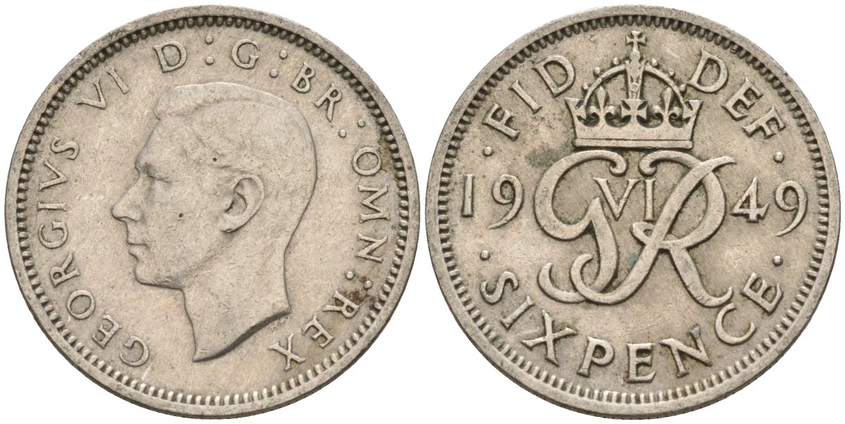 Великобритания 6 пенсов 1949 Георг VI (1936-1952) KM 875, Spink 4110 медно-никель 4596-1032