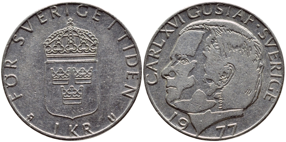 Швеция 1 крона 1977 Карл XVI Густав (1973- ) KM 852 медь плакированная медно-никелем 4397-821