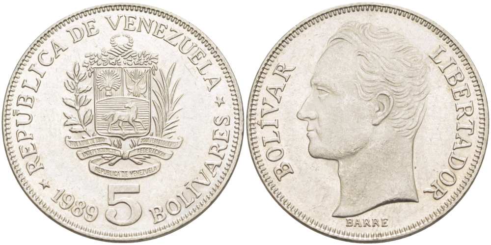 ВЕНЕСУЭЛА 5 БОЛИВАРОВ 1989 ПОРТРЕТ СИМОНА БОЛИВАРА KM 59a.2 сталь плакированная никелем 4517-213
