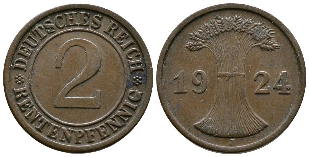 ГЕРМАНИЯ 2 РЕНТЕНПФЕННИГА 1924 J KM 31, J.307 бронза 86-1852
