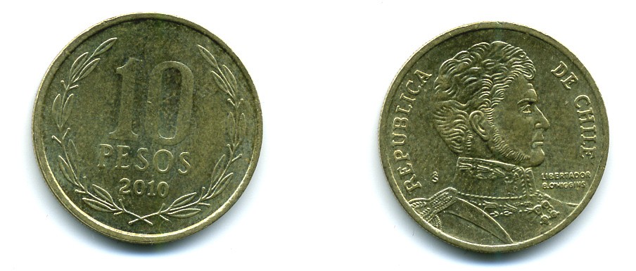 ЧИЛИ 10 ПЕСО 2010 ГЕНЕРАЛ БЕРНАРДО О ХИГГИНС KM 228.2 никель-бронза 37-1023