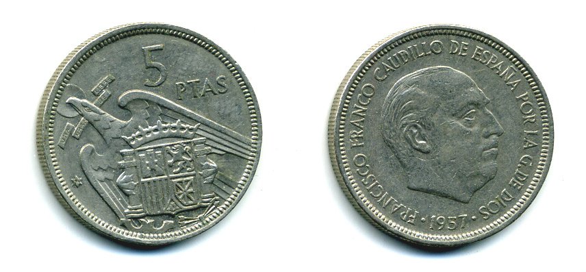 ИСПАНИЯ 5 ПЕСЕТ 1957 (74) ФРАНСИСКО ФРАНКО ДИКТАТОР ИСПАНИИ (1939-1975) KM 786 медно-никель 53-1245