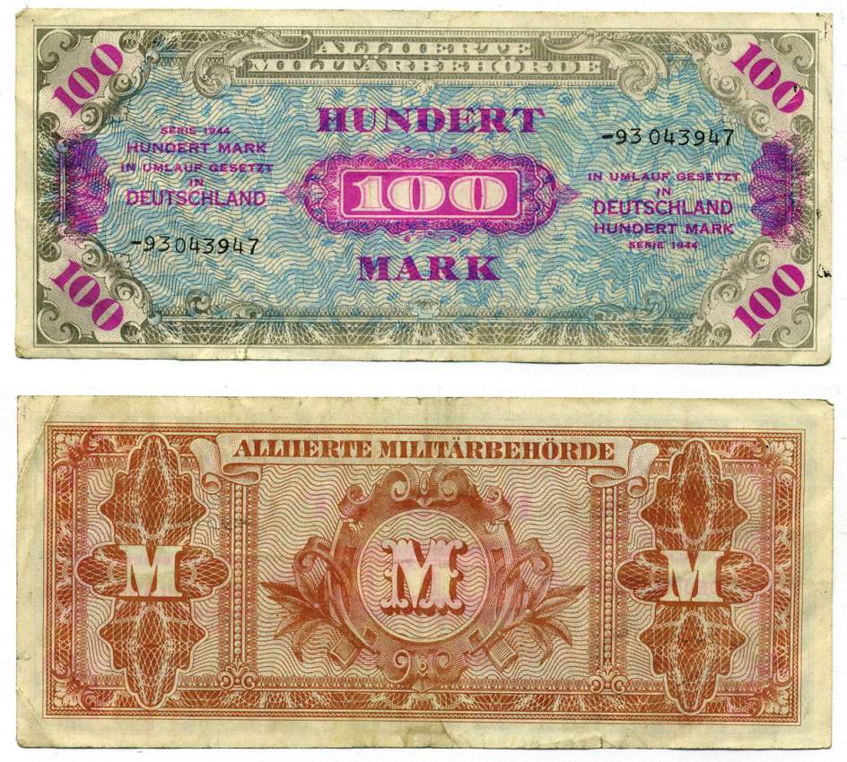 Германия, оккупация союзниками 100 марок 1944 8 цифр, без кода, выпуск СССР Pick 197 d, Розенберг 206 d бумага 8612-32-1-1