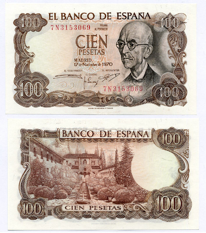Испания 100 песет 1970 Мануэль де Фалья, летняя резиденция Мавританских королей в Гренаде Pick 152а  бумага UNC (пресс) 7486-15-1-1