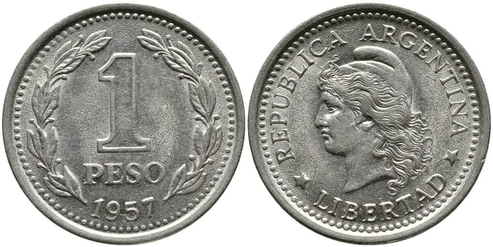 Аргентина 1 песо 1957 голова свободы влево KM 57 сталь плакированная никелем 4525-911