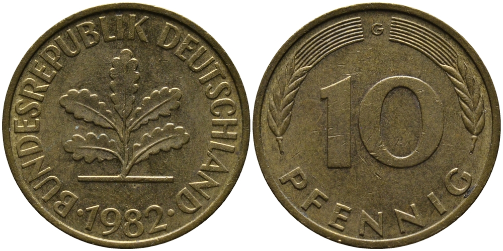 ФРГ 10 ПФЕННИГОВ 1982 G KM 108, J.383 сталь плакированная латунью 33-151