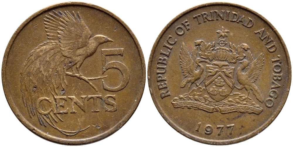 Тринидад и Тобаго 5 центов 1977 райская птица KM 30 бронза 4398-121