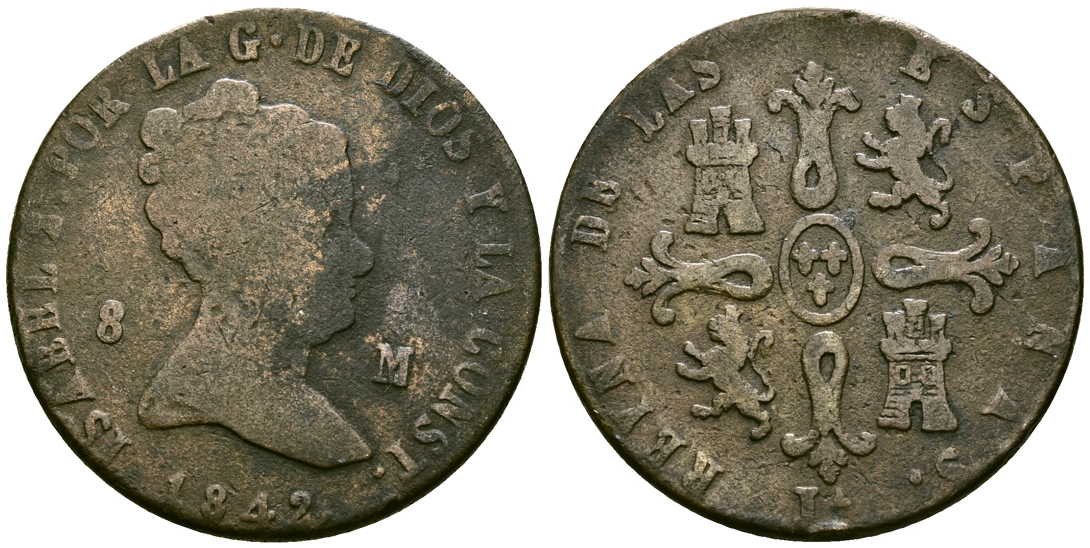 Испания 8 мараведи 1842 J - Xубия KM 531 медь 4593-1021