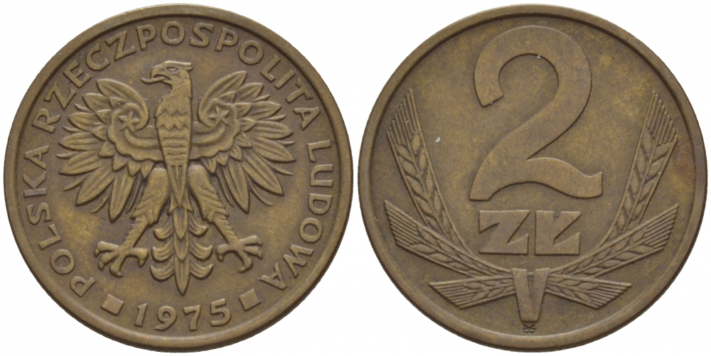 ПОЛЬША 2 ЗЛОТЫХ 1975 ЛЕНИНГРАДСКИЙ МОНДВОР KM 80.1 латунь 4548-511