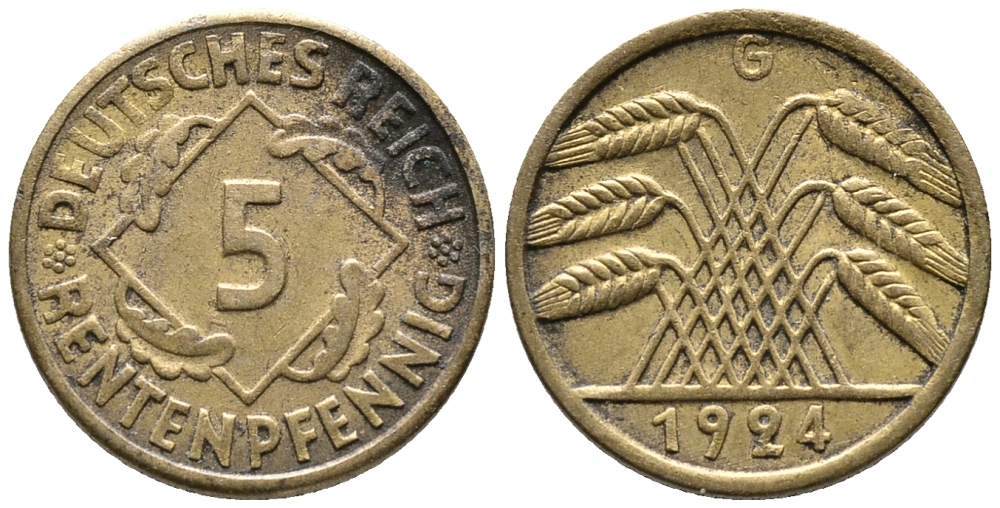 ГЕРМАНИЯ 5 РЕНТЕНПФЕННИГОВ 1924 G KM 32, J. 308 алюминиевая бронза 39-526