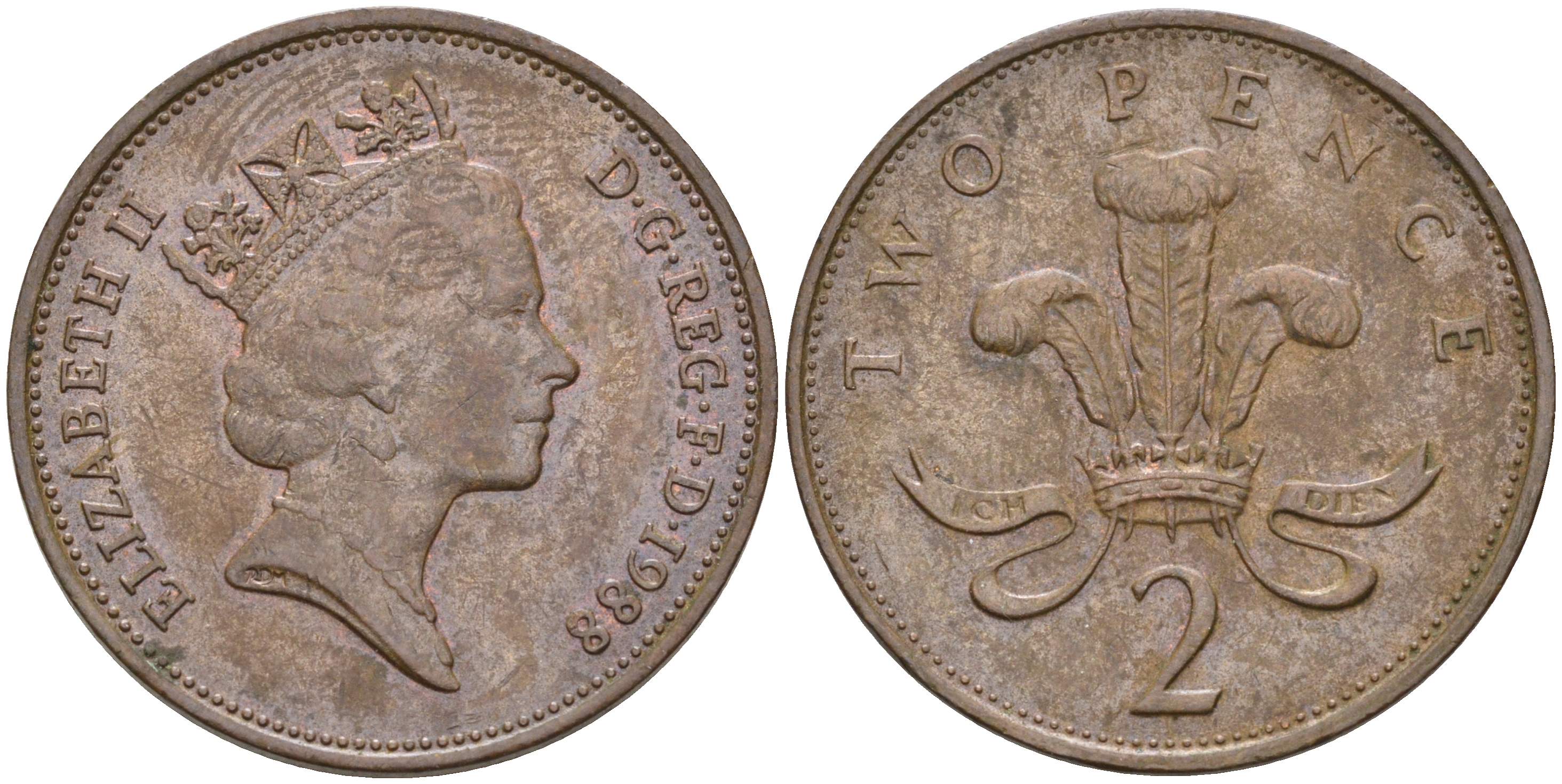 Великобритания 2 пенса 1988 Елизавета II (1952-2022) KM 936, Spink 4376 (C3) бронза    4187-532