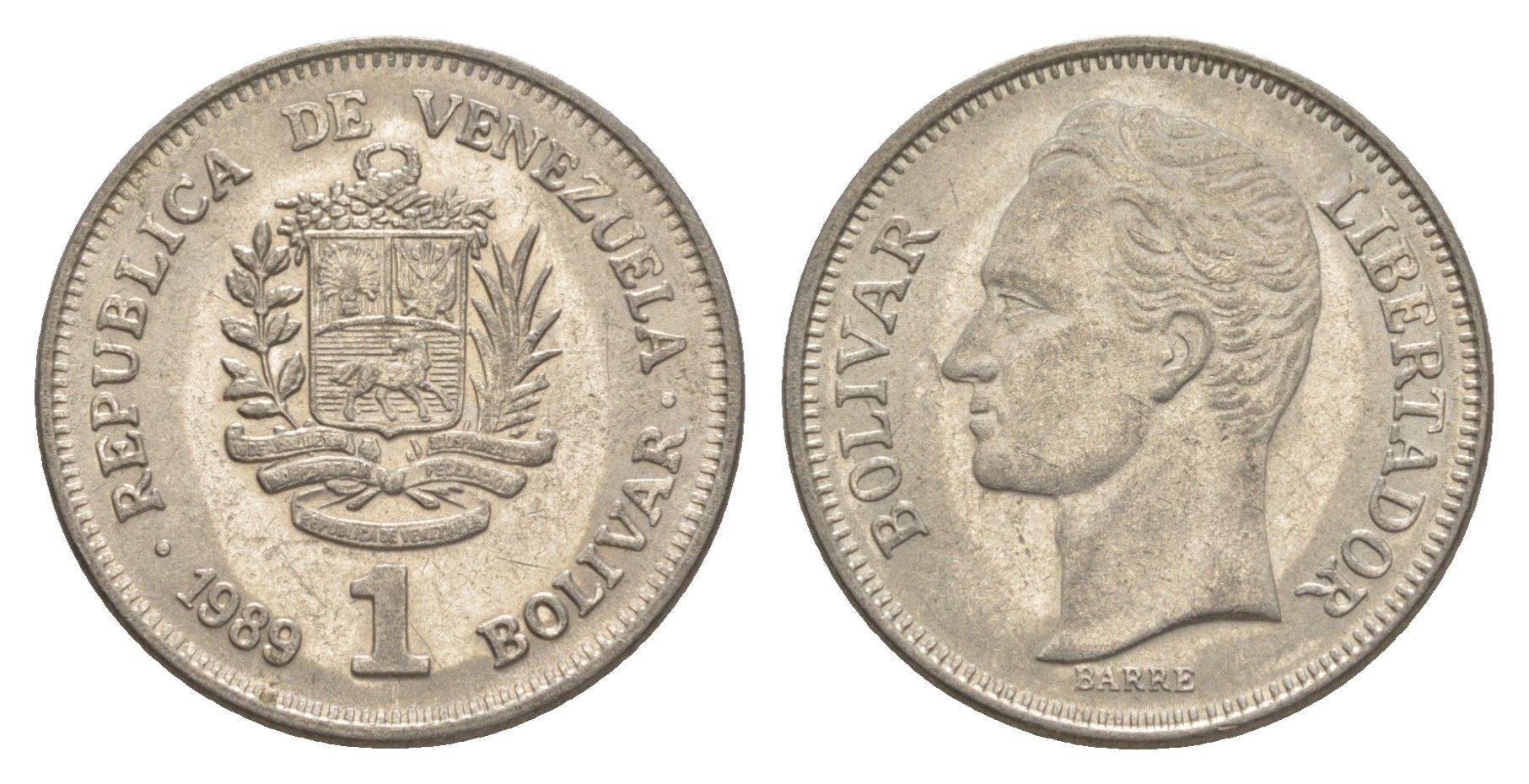 Венесуэла 1 боливар 1989 Симон Боливар, тонкий шрифт Y 52a.1 сталь плакированная никелем 4589-1137