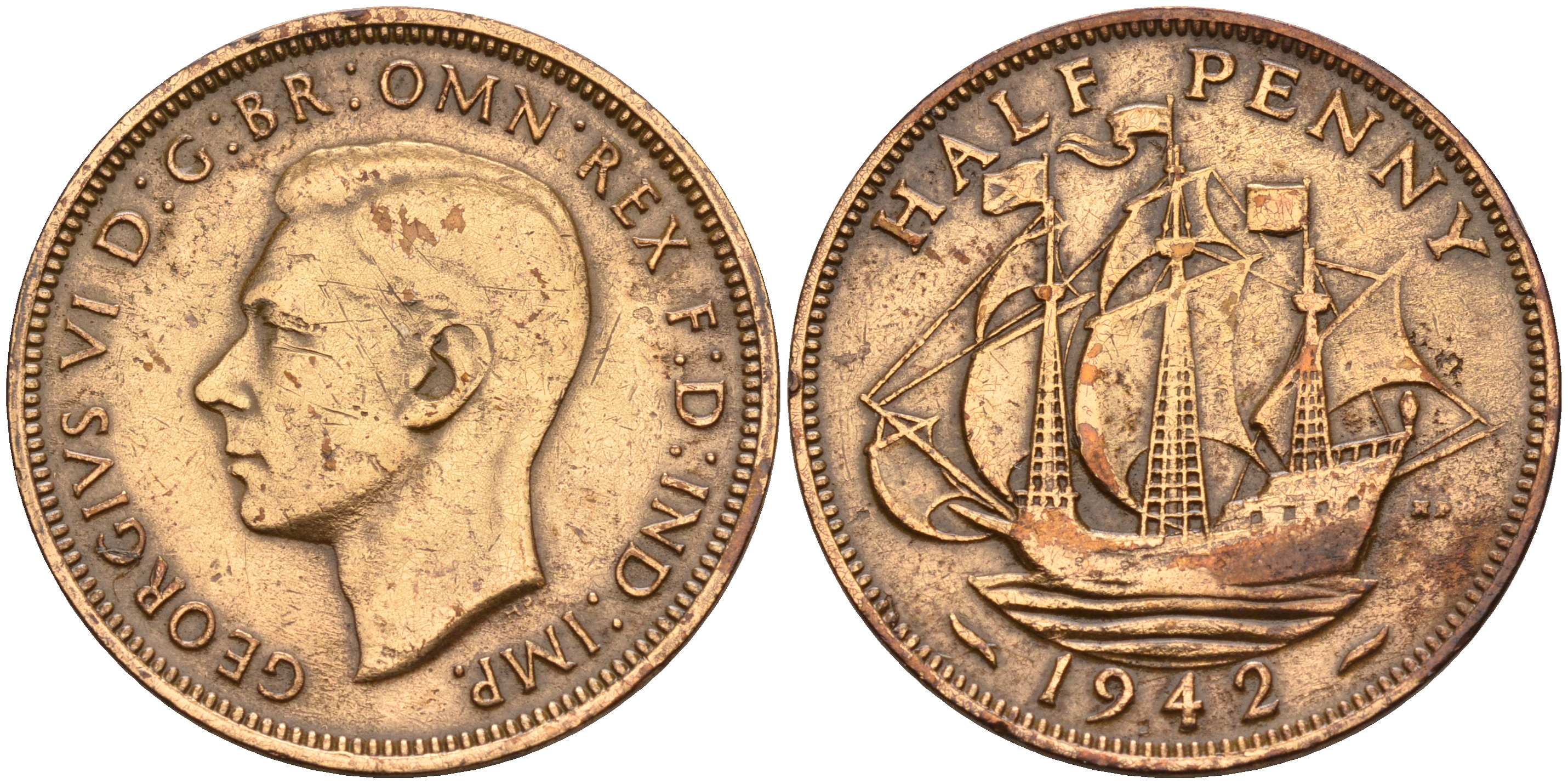 Великобритания 1/2 пенни 1942 Георг VI (1936-1952) KM 844, Spink 4115 бронза    4153-324