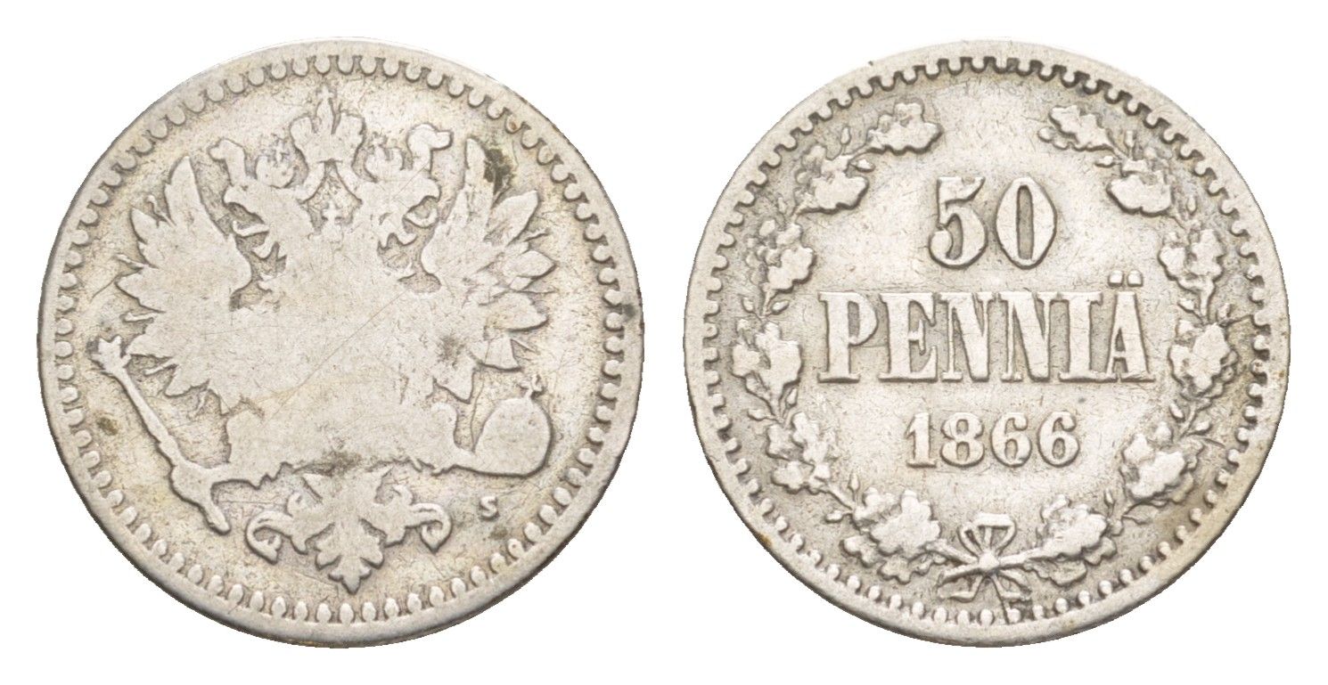 Россия для Финляндии 50 пенни 1866 S, Александр II (1855-1881) Биткин 634 серебро 1530-931
