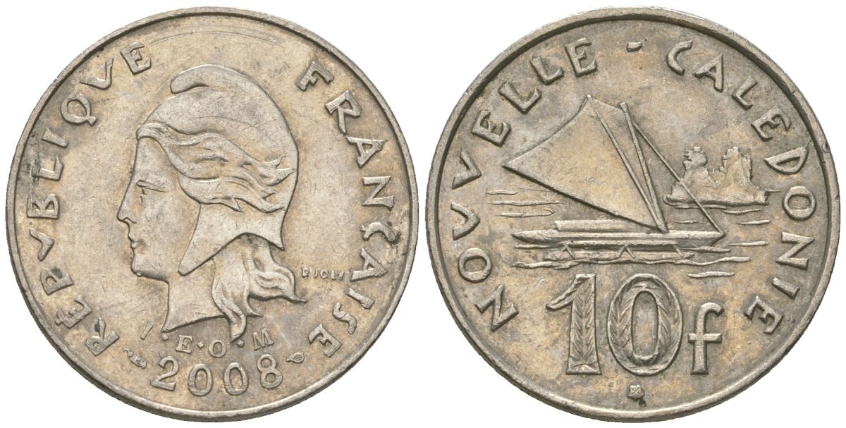 Французская Новая Каледония 10 франков 2008 рыбачья парусная лодка, (IEOM) KM 11a, Schoen 13a, Lec 99k медно-никель 60-733