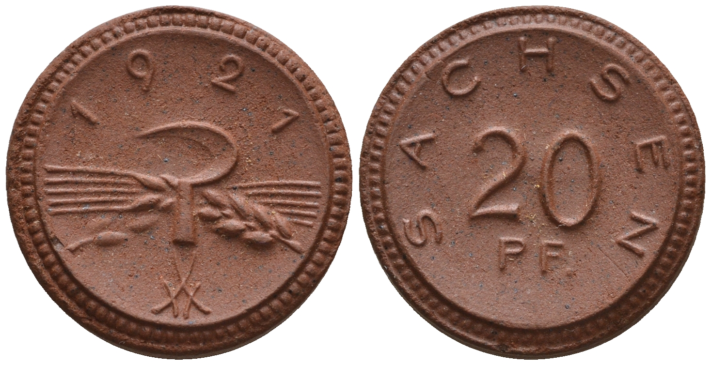 Саксония 20 пфеннигов 1921 колосья и серп J. N 53 фарфор UNC 1094-9-21
