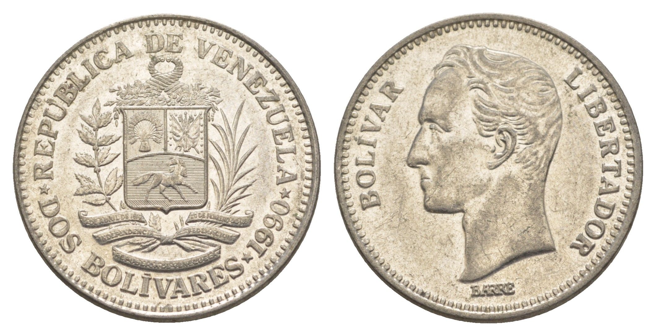 Венесуэла 2 боливара 1990 Симон Боливар Y 43a сталь плакированная никелем 4583-535