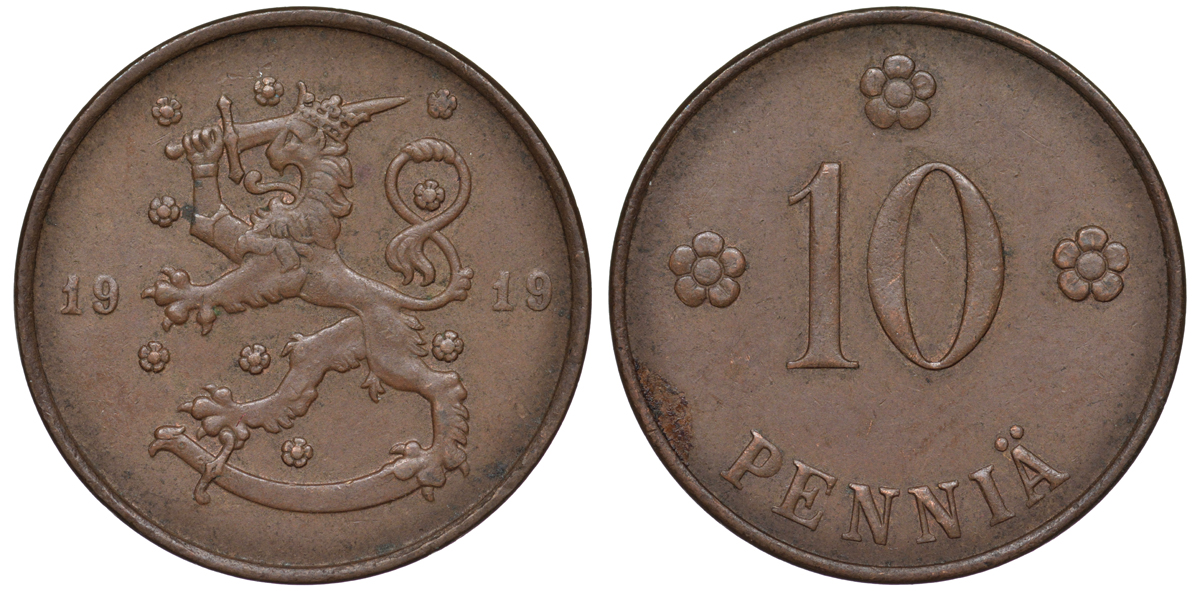 Финляндия 10 пенни 1919 KM 24 медь 45-428