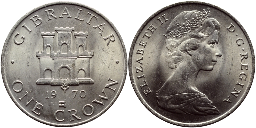 Гибралтар 1 крона 1970 Елизавета II (1952-2022), старый замок KM 4 медно-никель UNC 74-811