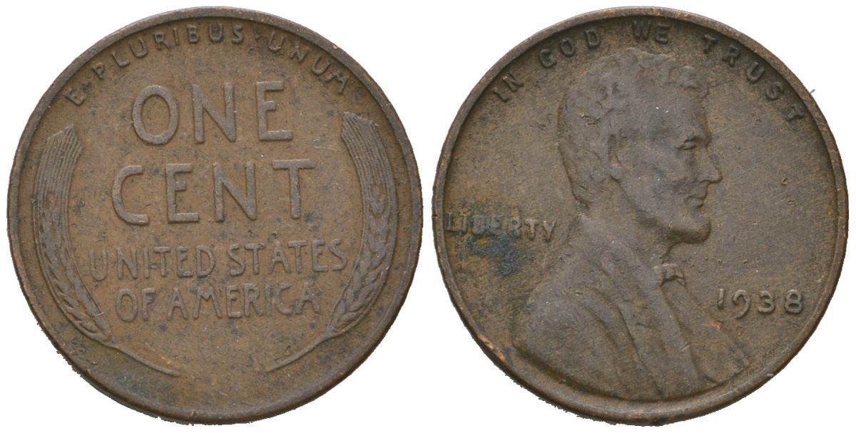 США 1 цент 1938 Авраам Линкольн  KM 132 бронза 211-822