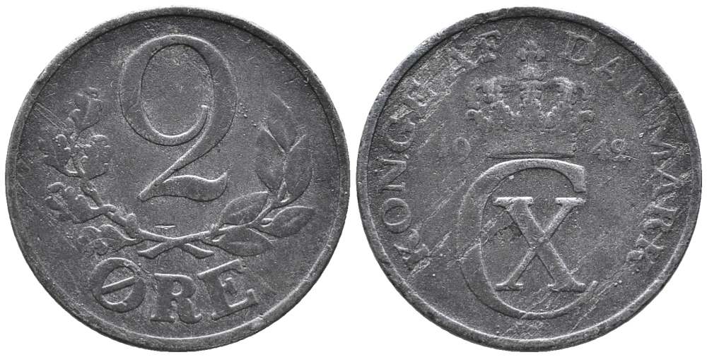 ДАНИЯ 2 ЭРЕ 1942 N; S, КРИСТИАН X (1912-1947) KM 833а цинк 24-1132