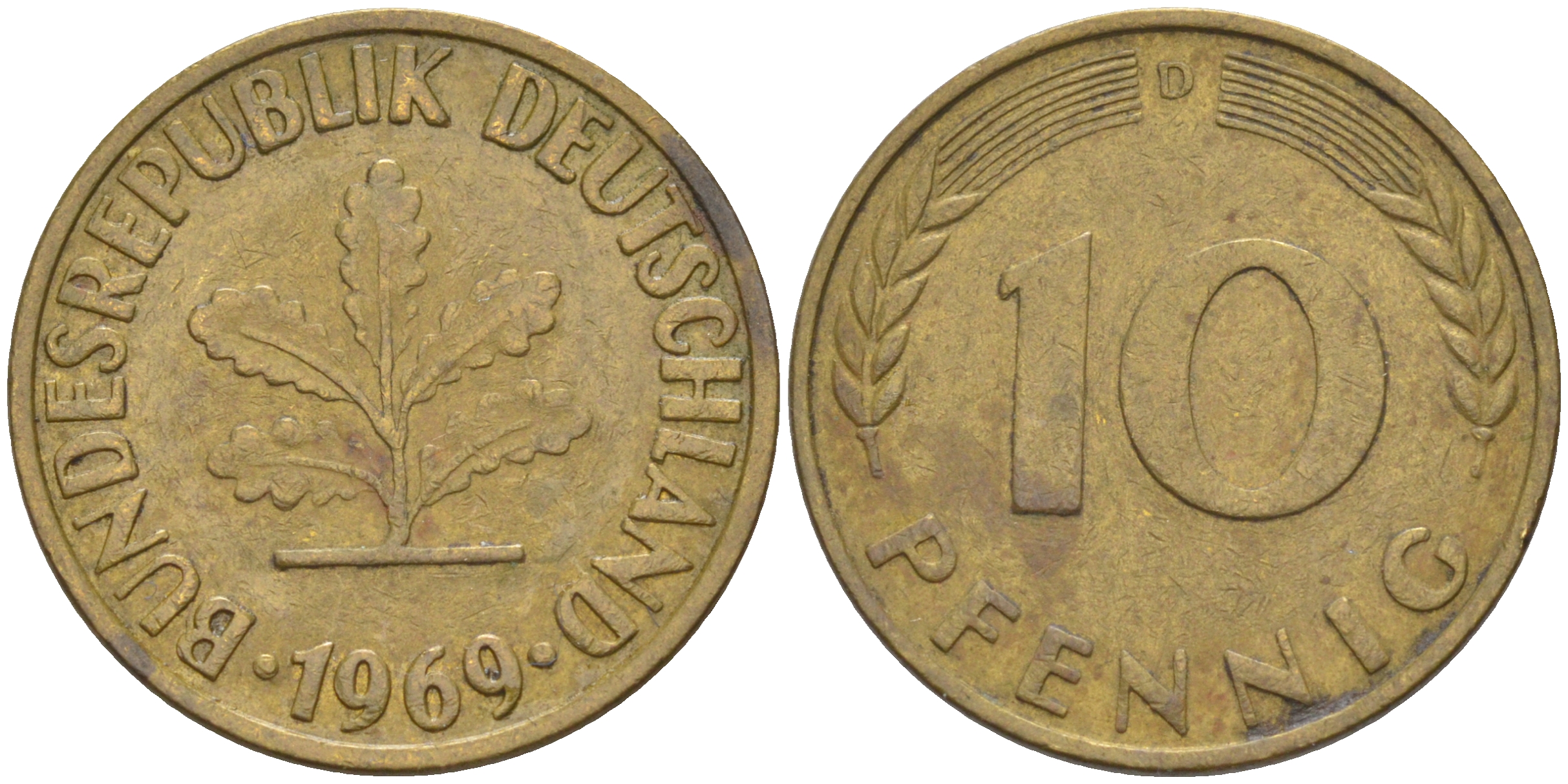 ФРГ 10 пфеннигов 1969 D KM 108, J. 383 сталь плакированная латунью 54-1646