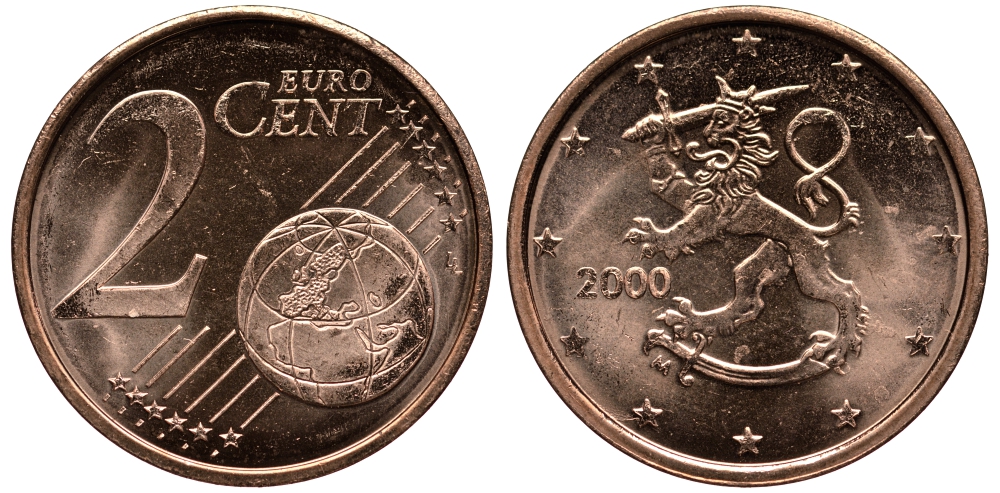 ФИНЛЯНДИЯ 2 ЕВРОЦЕНТА 2000 KM 99 сталь плакированная медью UNC 4181-467