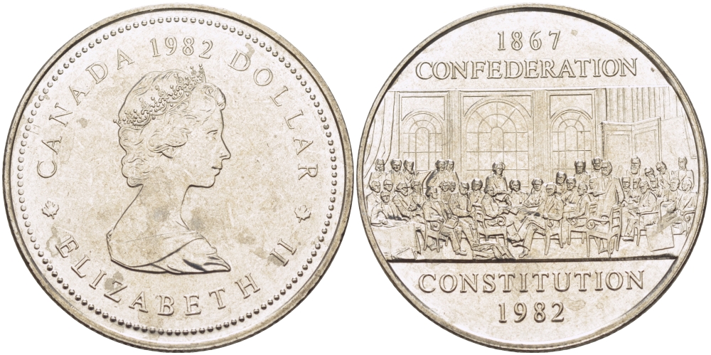 КАНАДА 1 ДОЛЛАР 1982 115 ЛЕТ КОНСТИТУЦИИ KM 134 медно-никель UNC 1526-1344