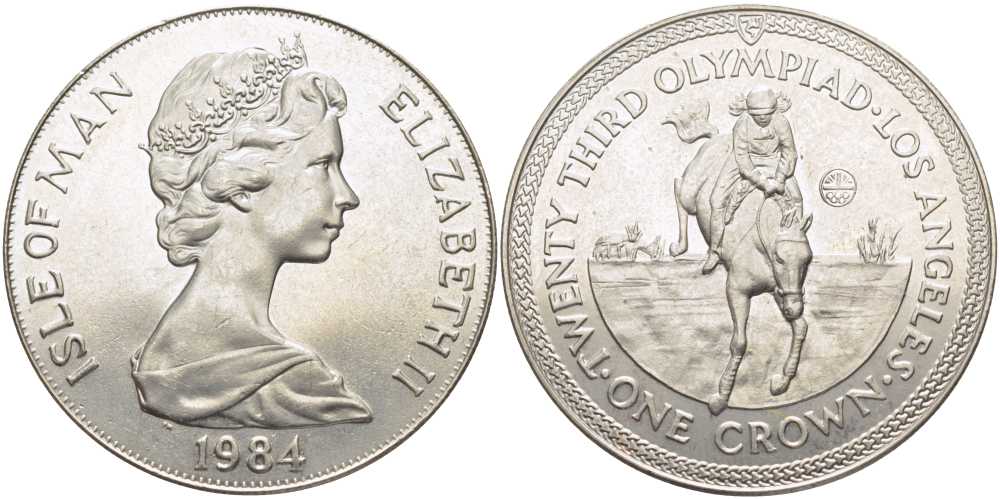 Остров Мэн 1 крона 1984 XXIII летние Олимпийские игры в Лос-Анджелесе 1984 года, конный спорт KM 120 медно-никель UNC 107-714