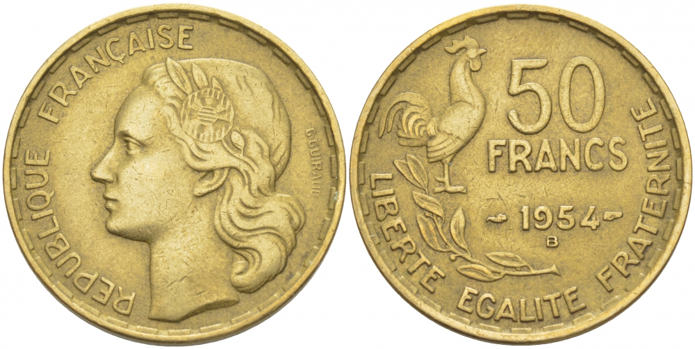 ФРАНЦИЯ 50 ФРАНКОВ 1954 B KM 918.2 алюминиевая бронза 4403-241