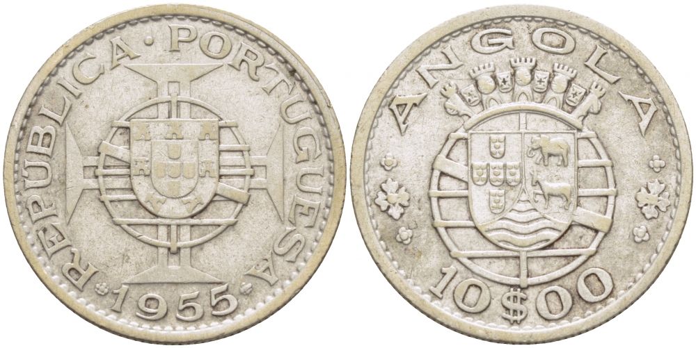 Португальская Ангола 10 эскудо 1955 KM 73 серебро 3996-636