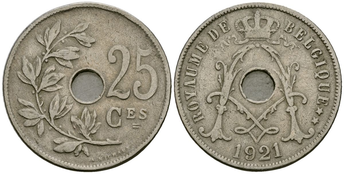 Бельгия 25 сантимов 1921 Belgique KM 68 медно-никель 4168-1224