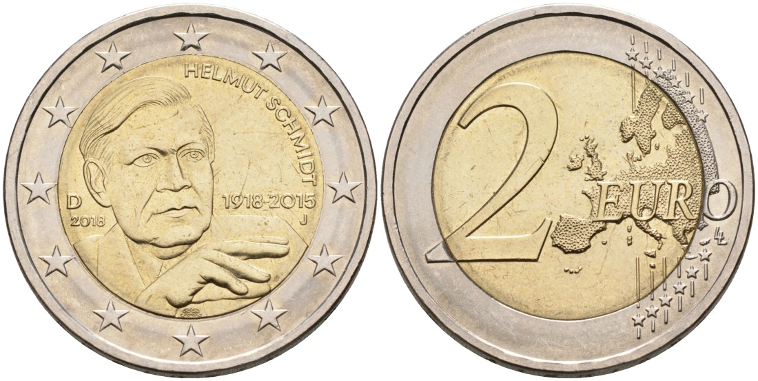 Германия 2 евро 2018 J, 100 лет со дня рождения ГЕЛЬМУТА ШМИДТА KM 366 биметалл 88-343